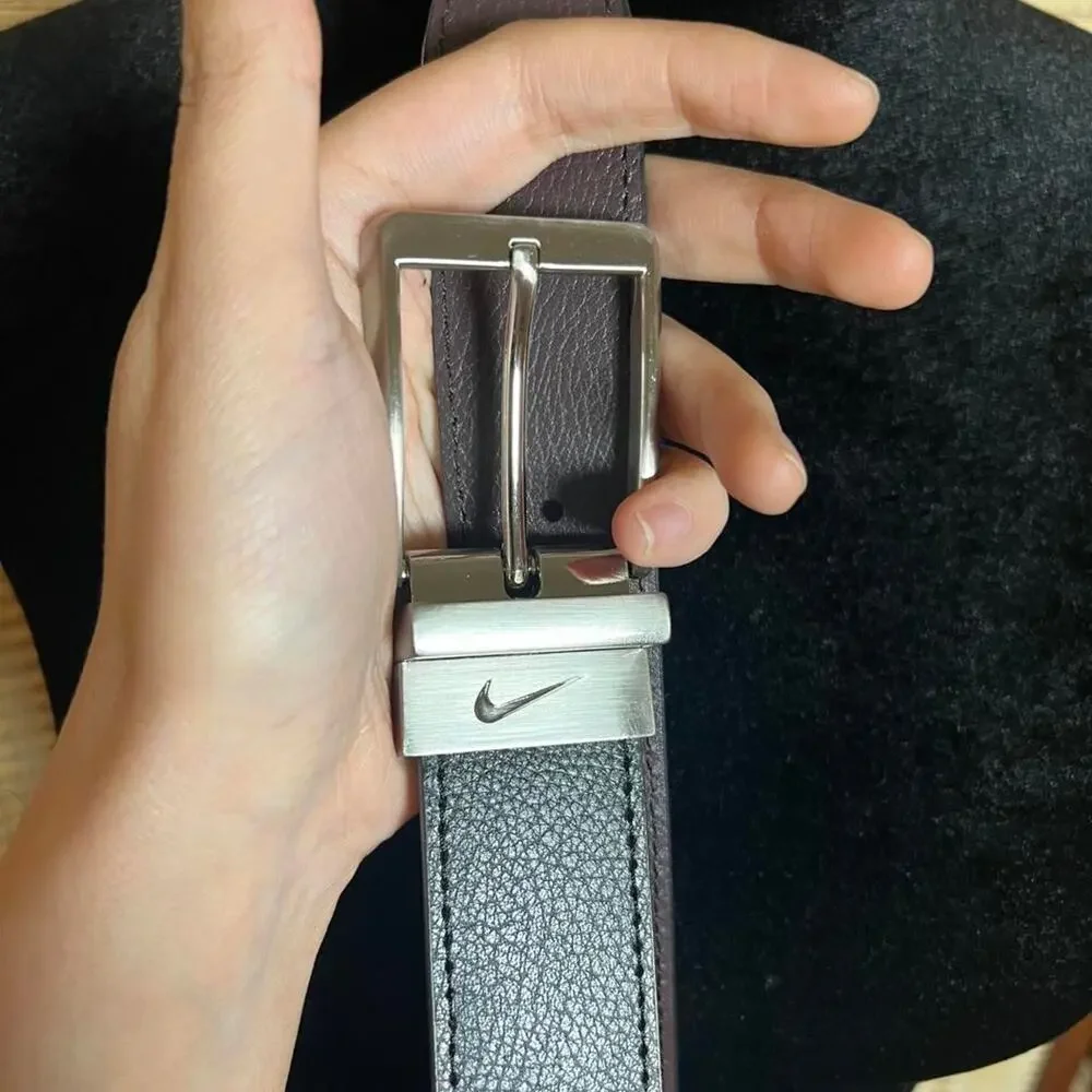 NIKE Reversible Leather Belt Black Brown Silver Buckle Swoosh Size 36